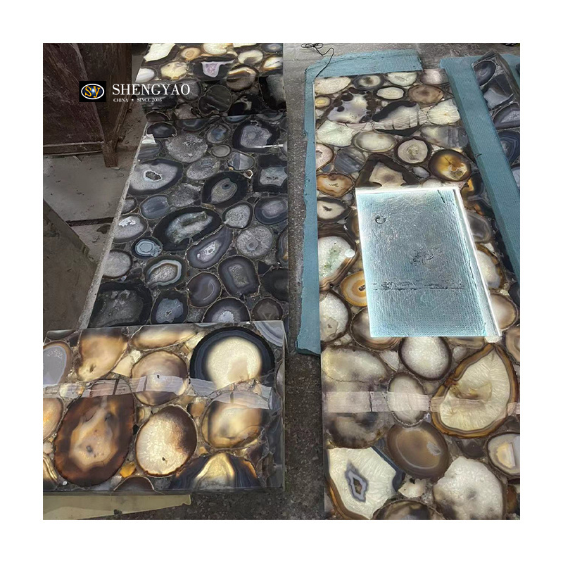 Custom Backlit Grey Agate Sink Translucent Brown Agate Stone Quartz Kitchen Countertop