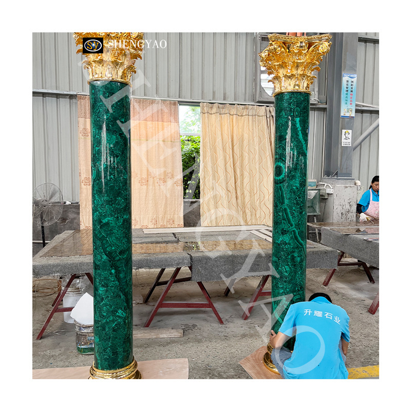 Interior Polished Brass Base Natural Malachite Stone Columns & Pillars