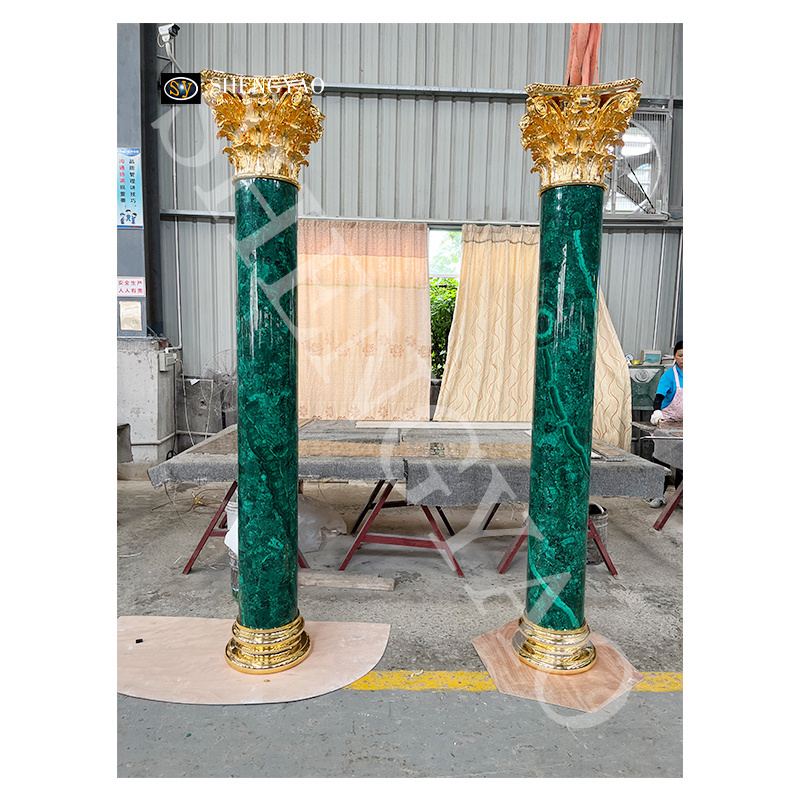 Interior Polished Brass Base Natural Malachite Stone Columns & Pillars