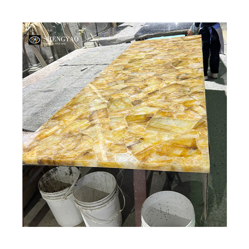 Luxury Polished Solid Surface Crystal Quartz Citrine Yellow Marble Slab For Countertop/Wall Decoration