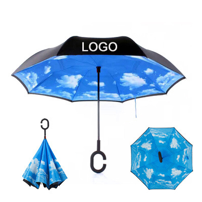 Promotional Upside Down Inverted Umbrella with Custom Logo prints Windproof Reverse double layer C Shape Handle