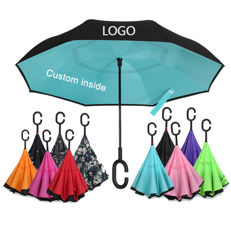 Promotional Upside Down Inverted Umbrella with Custom Logo prints Windproof Reverse double layer C Shape Handle