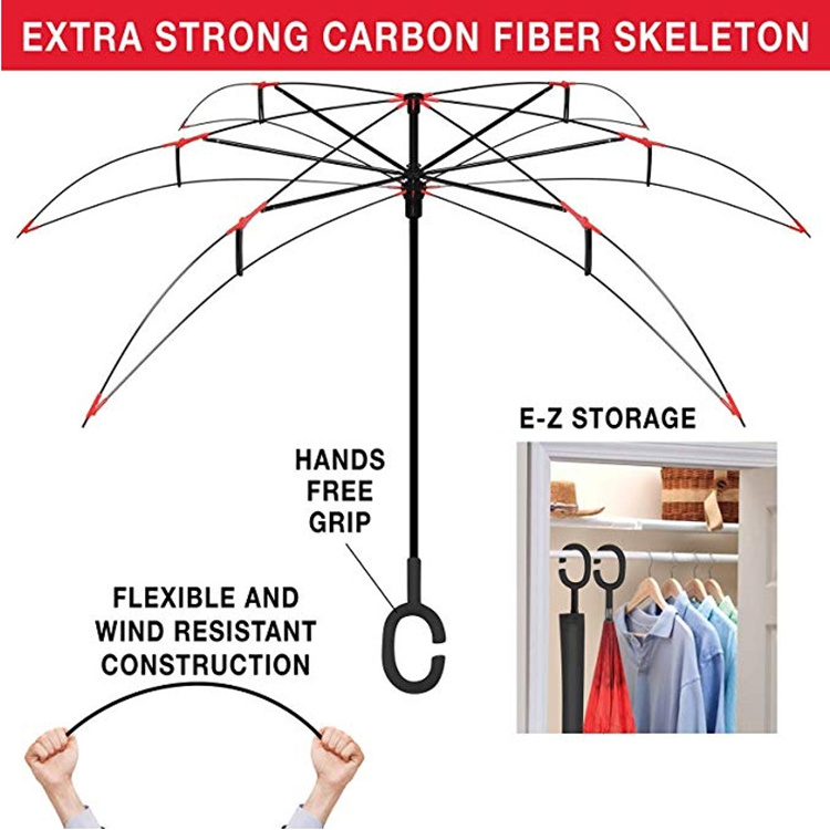 Promotional Upside Down Inverted Umbrella with Custom Logo prints Windproof Reverse double layer C Shape Handle