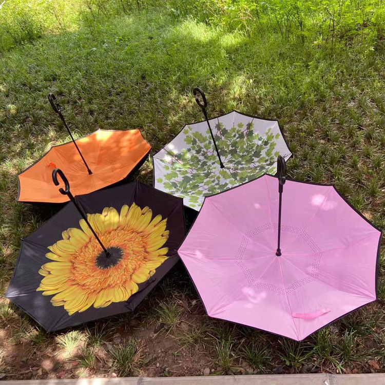 Wholesale Fiberglass Frame Double canopy C handle Reverse Umbrella with logo print for promotion gift