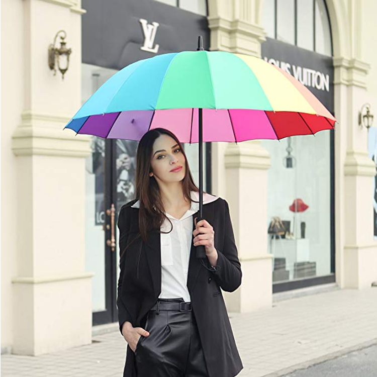 Customized Logo 16K Automatic Open Iridescence Umbrella  Windproof Parasol Long Straight Handle Rainbow Umbrella