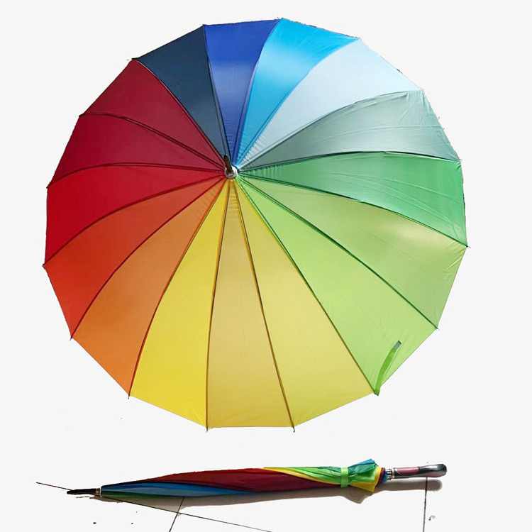 Customized Logo 16K Automatic Open Iridescence Umbrella  Windproof Parasol Long Straight Handle Rainbow Umbrella