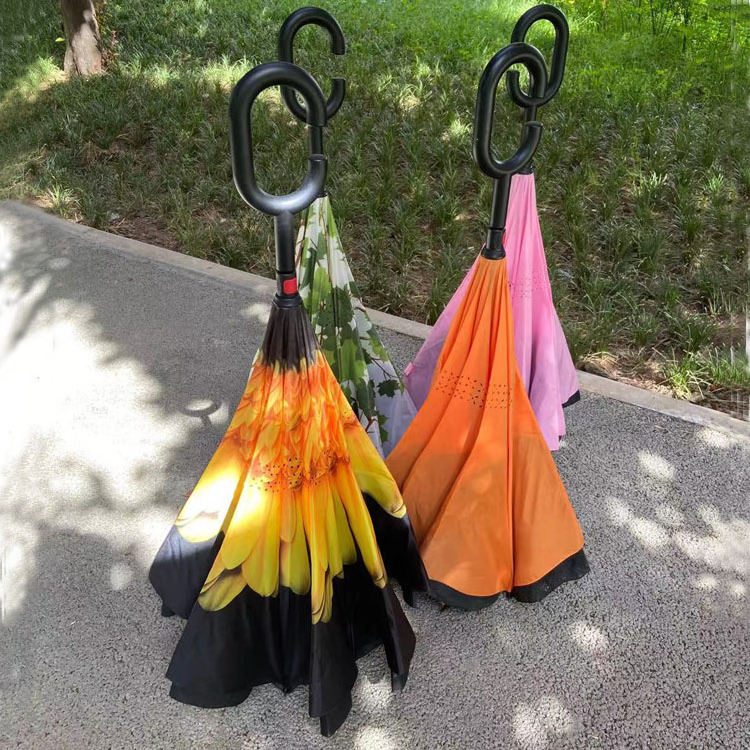 Wind-resistant hands free inverse inside out c handle upside-down double layer reverse umbrella Double Layer Stick Umbrella