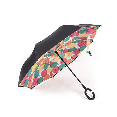 reverse umbrella double layer C shape hook handle with logo custom printed umbrella upside down straight inverted umbrella