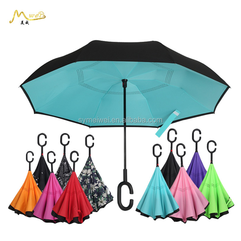 reverse umbrella double layer C shape hook handle with logo custom printed umbrella upside down straight inverted umbrella