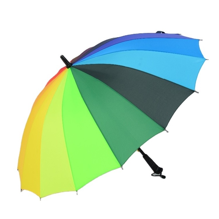 Low MOQ 16 ribs windproof automatic open straight umbrella rainbow color available custom with logo long umbrellas