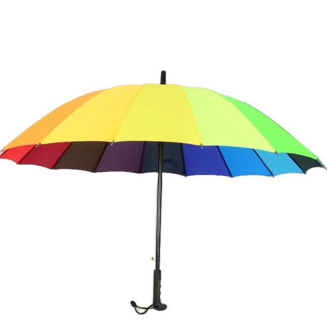 Low MOQ 16 ribs windproof automatic open straight umbrella rainbow color available custom with logo long umbrellas