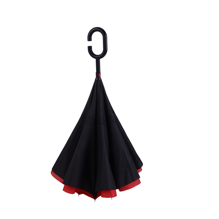 reverse inverted umbrella black outside and red inside color C shape handle  umbrella in stock custom logo print umbrellas