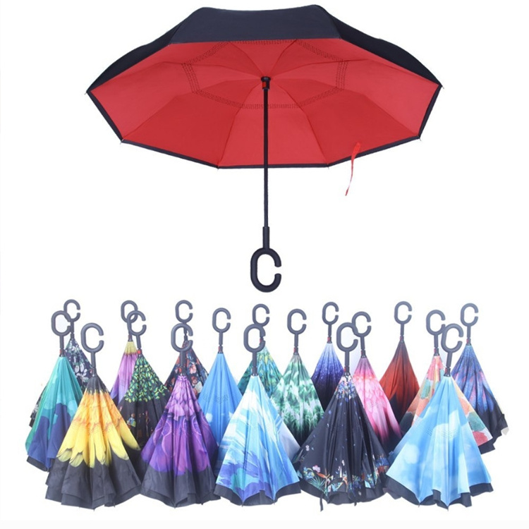 reverse inverted umbrella black outside and red inside color C shape handle  umbrella in stock custom logo print umbrellas