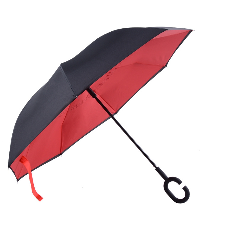 reverse inverted umbrella black outside and red inside color C shape handle  umbrella in stock custom logo print umbrellas