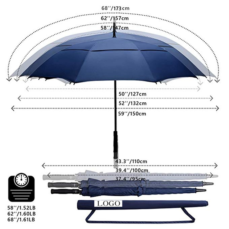 golf umbrella double canopy air vent automatic open golf straight umbrella with shoulder strap logo print for promotion umbrella