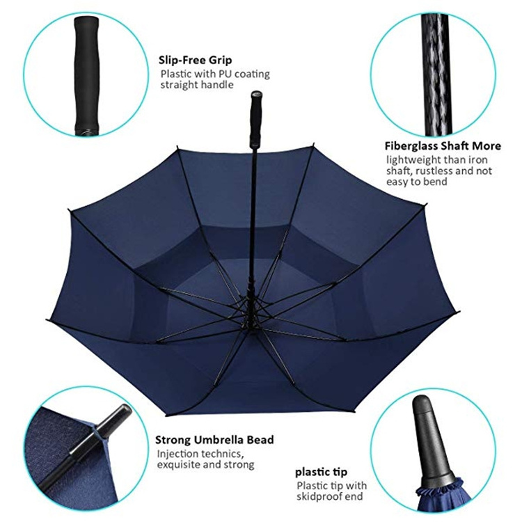 golf umbrella double canopy air vent automatic open golf straight umbrella with shoulder strap logo print for promotion umbrella