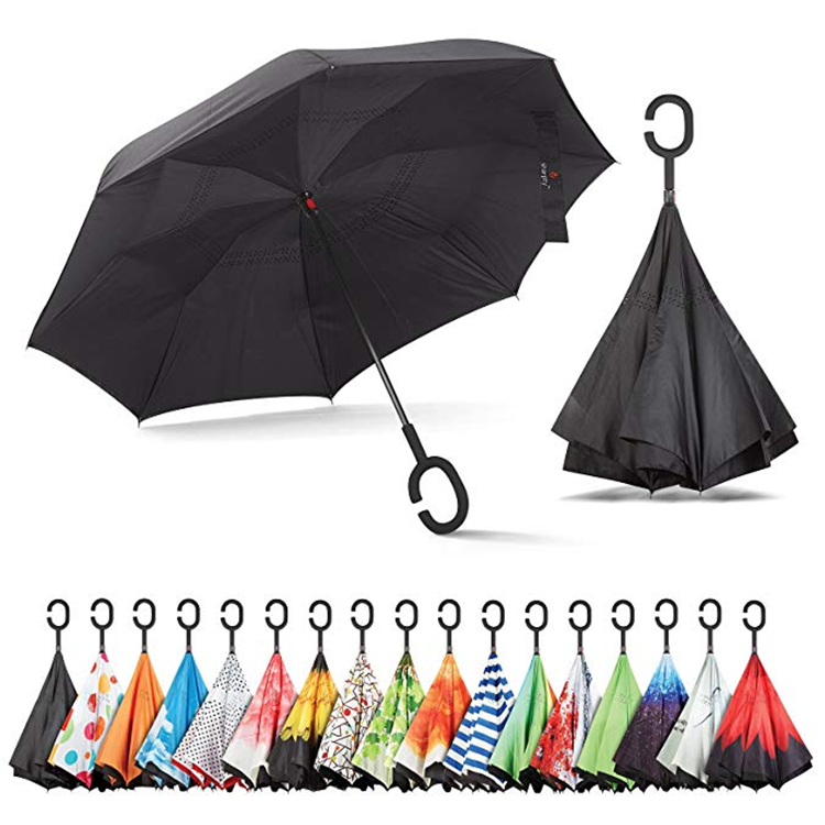 Wind-resistant hands free inverse inside out c handle upside-down double layer reverse umbrella Double Layer Stick Umbrella