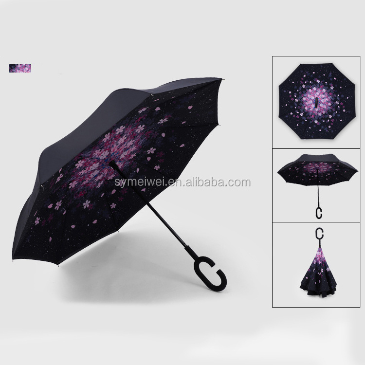 reverse umbrella with logo custom printing inside double layer inverted C curve handle business ads promotion for car umbrellas