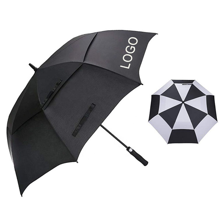 62 Inch Automatic Open Golf Umbrella Large Double Canopy Vented Windproof Waterproof Stick Umbrellas with custom logo and colors