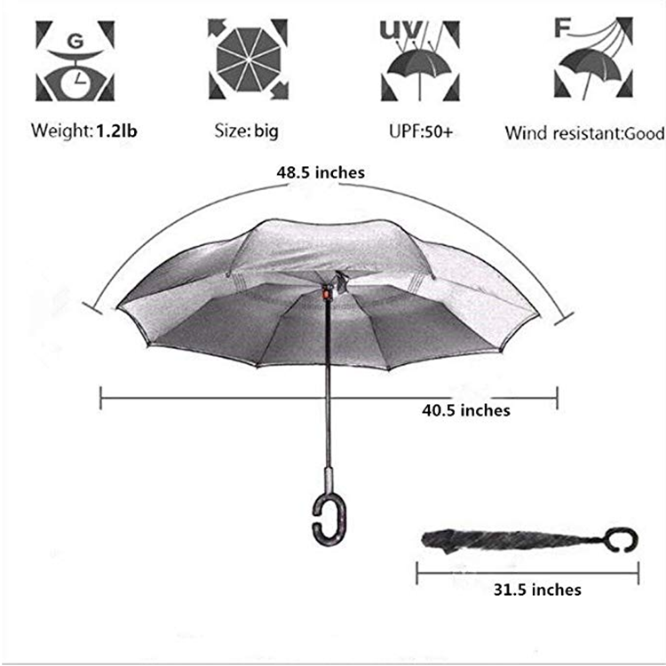 Wind-resistant hands free inverse inside out c handle upside-down double layer reverse umbrella Double Layer Stick Umbrella