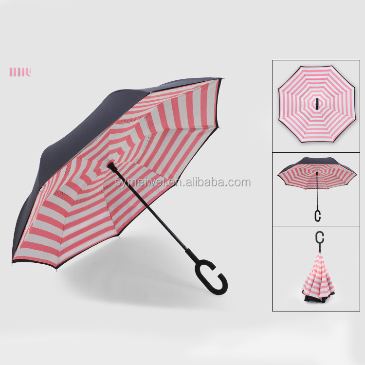 reverse umbrella with logo custom printing inside double layer inverted C curve handle business ads promotion for car umbrellas