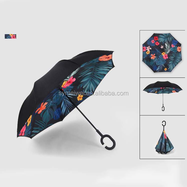 reverse umbrella with logo custom printing inside double layer inverted C curve handle business ads promotion for car umbrellas