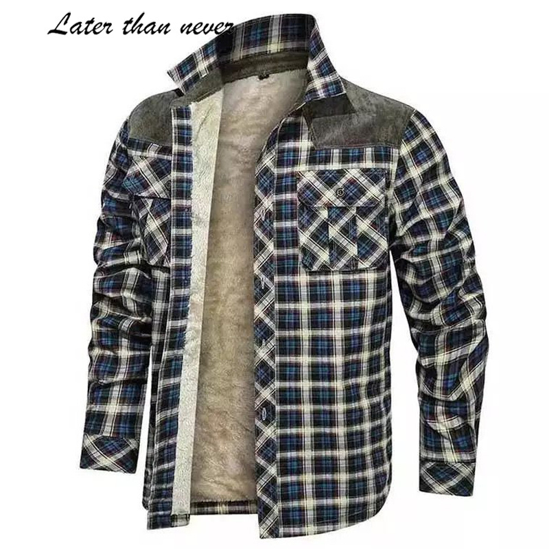 USA Size Corduroy Patchwork Winter Cotton Flannel Jacket Thicker Warmer Men's Jacket Lined Fur Shirt Jacket Tactical Custom Logo