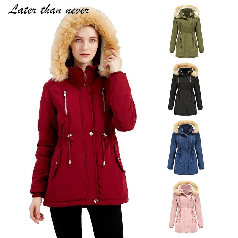 Women's Hooded Parka Puffer Jacket Thickened Fleece lined Winter Coats Long Down Trench Coat with Faux Fur Trimmed