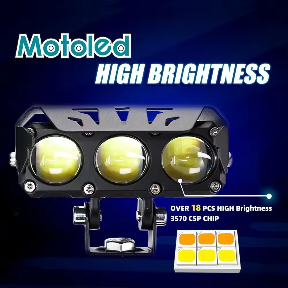 MOTOLED MIni Driving Lights Auxiliary Laser Gun LED Spotlight for Motorcycle Triple Projector Lens 38W 3800LM Dual Color