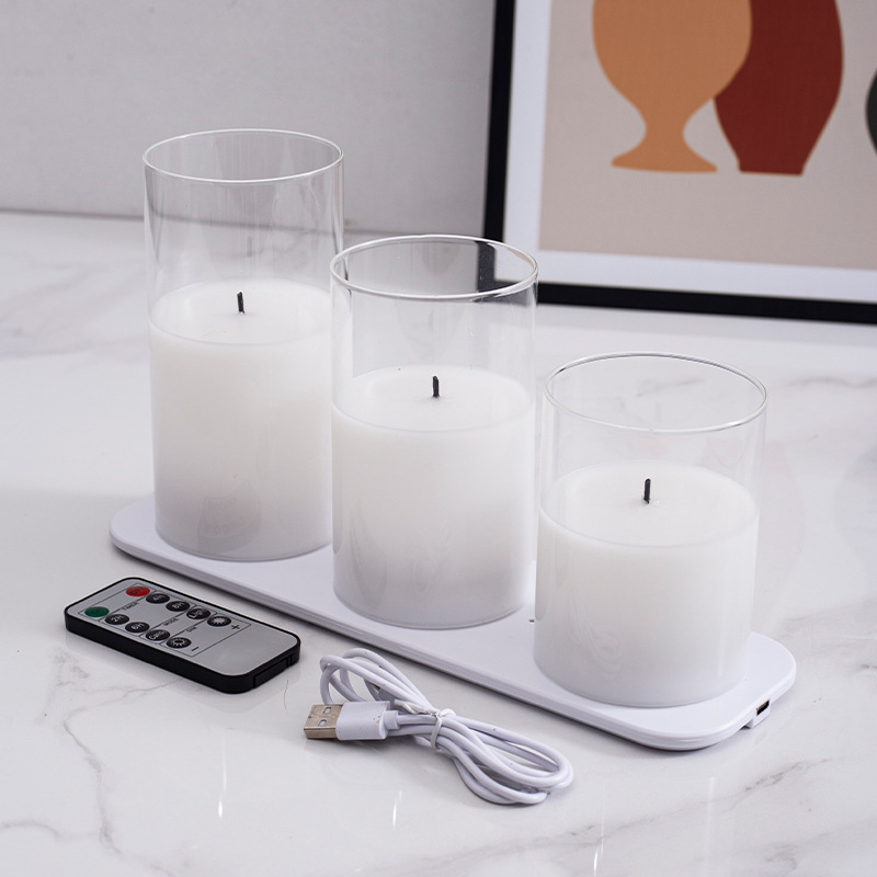 Rechargeable LED Flameless Flickering Glass Candles Battery Operated Pillar Candles Long Lasting  Real Wax USB Candles