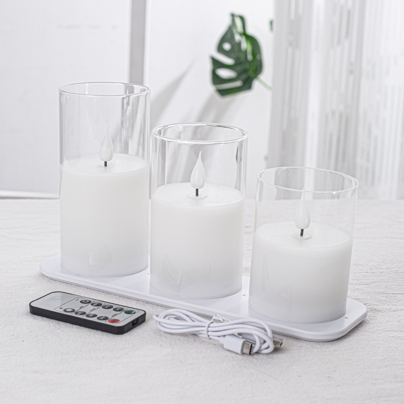 Rechargeable LED Flameless Flickering Glass Candles Battery Operated Pillar Candles Long Lasting  Real Wax USB Candles