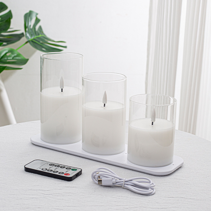 Rechargeable LED Flameless Flickering Glass Candles Battery Operated Pillar Candles Long Lasting  Real Wax USB Candles