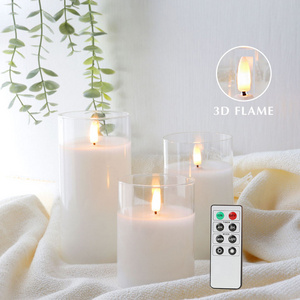 modern home decoration 3d real flame pillar 6 key remote control grey glass led flickering candle