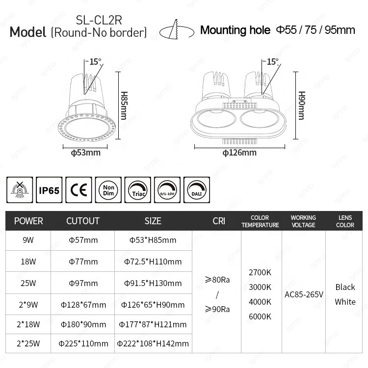 High CRI Ceiling lighting 55mm 75mm 95mm Cut Out Die-Cast Aluminum Modern Recessed Hotel Project Round Cob Led Downlight