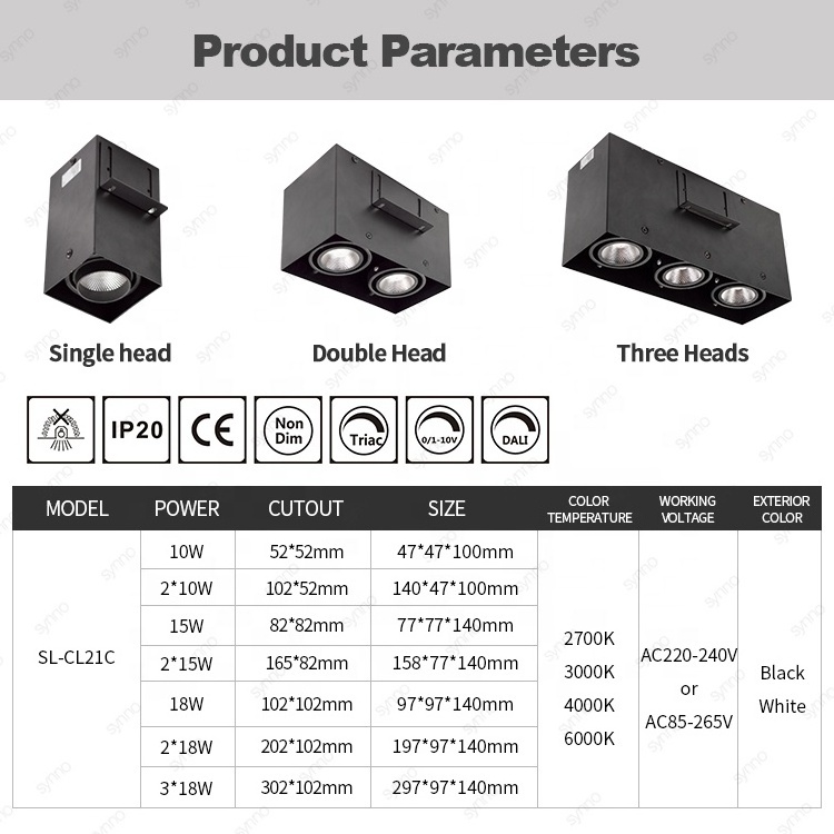 Indoor single double triple head commercial led square downlight black 10w 20w 30w recessed led ceiling light downlight led lamp