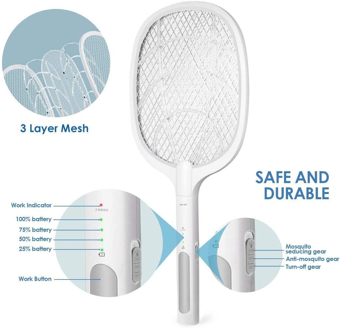 Bug Zapper Racket 2 in 1 Rechargeable Electric Fly Swatter Mosquito Swatter Bug Zapper Mosquitoes Trap Lamp Fly Swatter