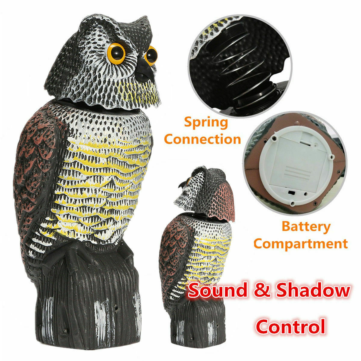 Scarecrow Sculpture Hot Sale Garden Decorative Plastic with Rotating Head and Sound Bird Repellent Owl Bag Packing Bird Repeller