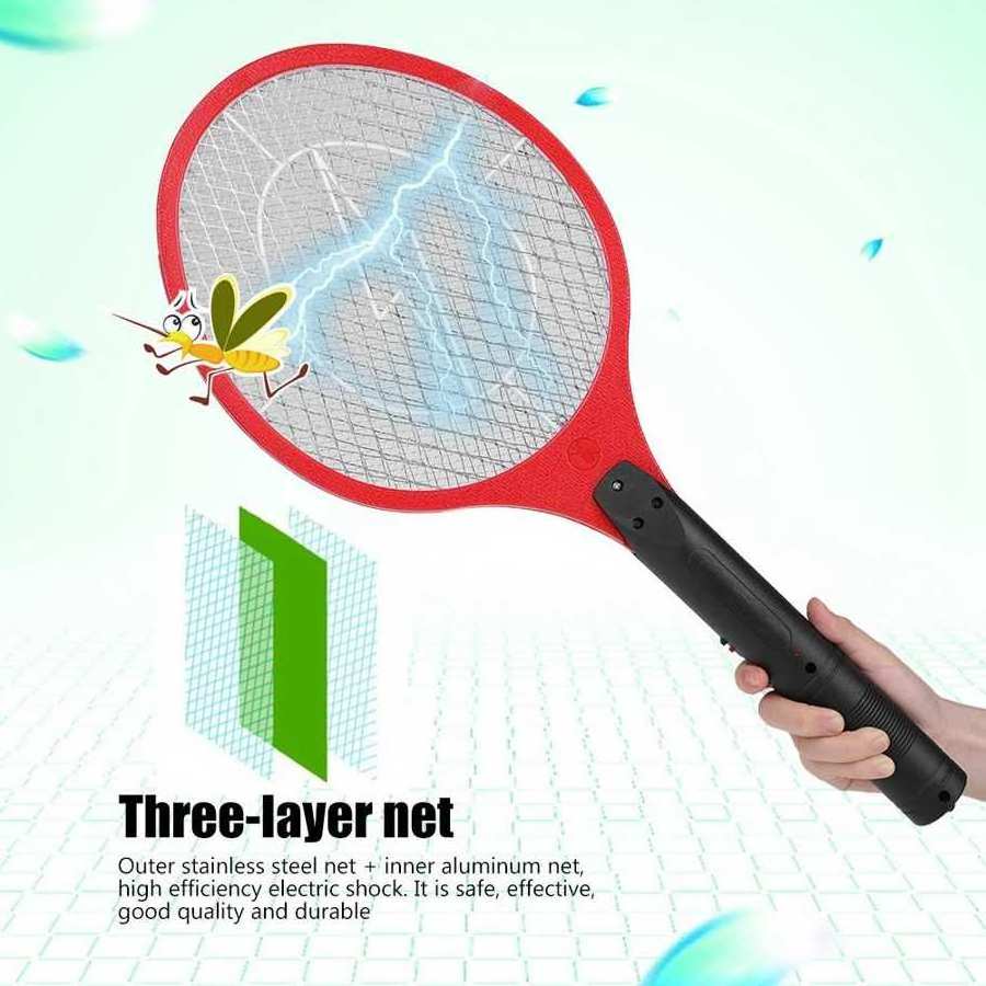 USB Rechargeable Indoor Outdoor Electric Fly Swatter Removable Flashlight and 3-Layer Safety Mesh for Home