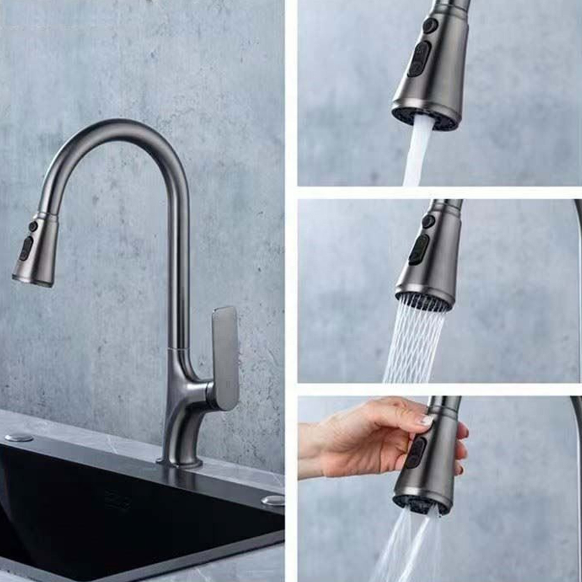 2023 Fujian Factory Direct Brass Material High Quality Gun Gray Silver Pull Out Kitchen Faucet with Pull Down Sprayer