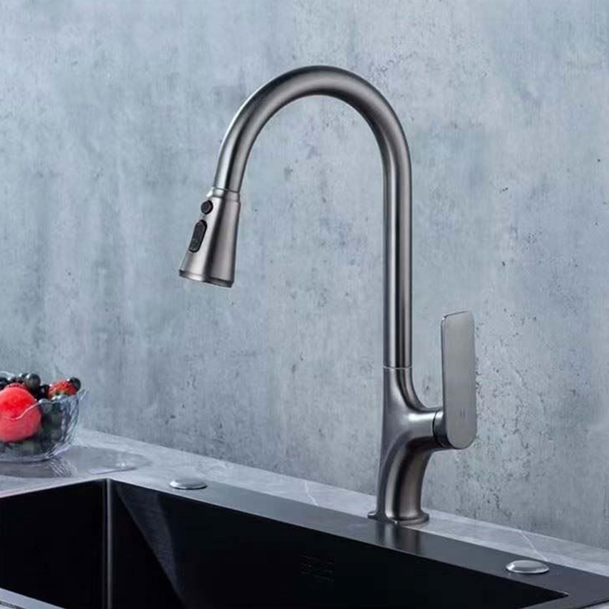 2023 Fujian Factory Direct Brass Material High Quality Gun Gray Silver Pull Out Kitchen Faucet with Pull Down Sprayer