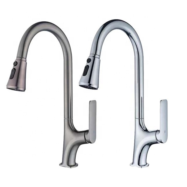 2023 Fujian Factory Direct Brass Material High Quality Gun Gray Silver Pull Out Kitchen Faucet with Pull Down Sprayer