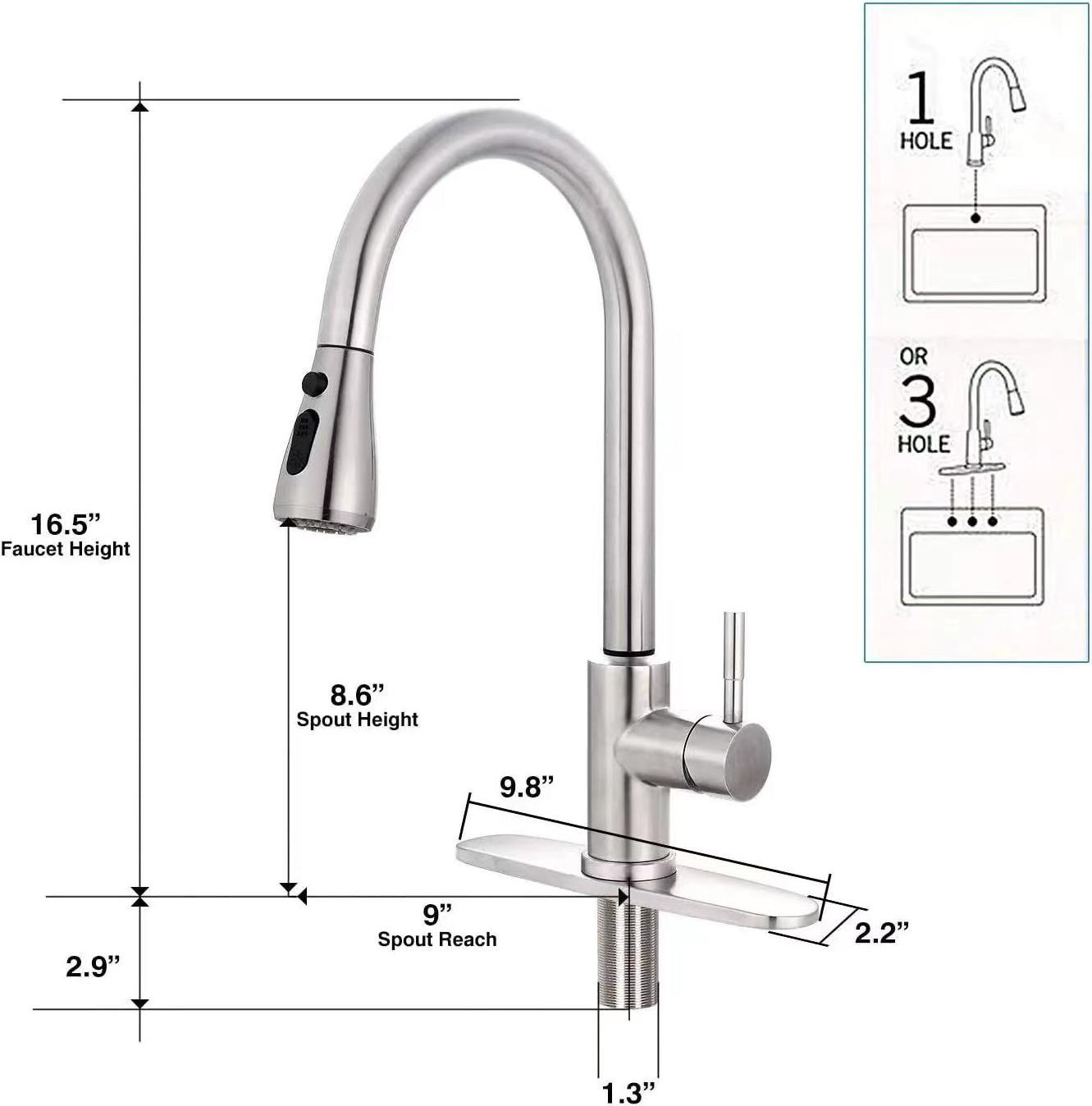 Deck Mounted Pull down Kitchen Faucet 304 Stainless Steel Sink Faucet Hot and Cold Water Tap Black Single Handle