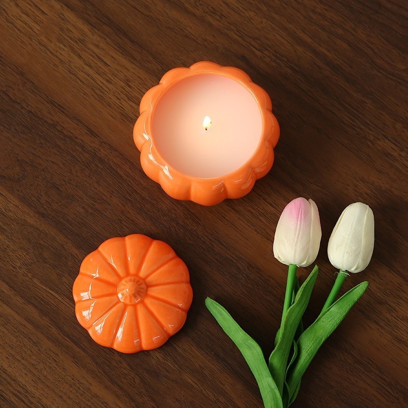 SYNWISH custom unique ceramic empty orange pumpkin shaped candle jars with lid and boxes packaging for modern home decor