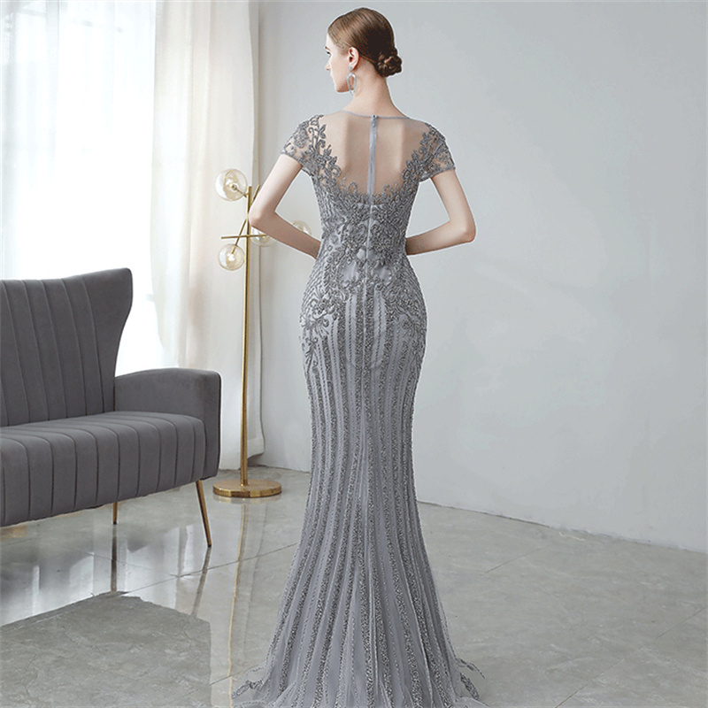 New Banquet Wedding High-end Evening Gowns Slim One-shoulder Long Dress Silver Gray Handmade Beaded Fishtail Dress for Women