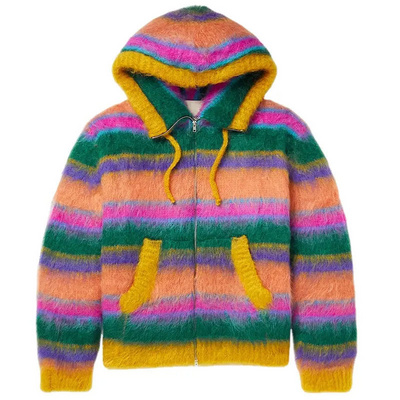 OEM customized men's Mohair sweater fuzzy long sleeve knitwear winter stripe zipper hooded knitting cardigan sweater