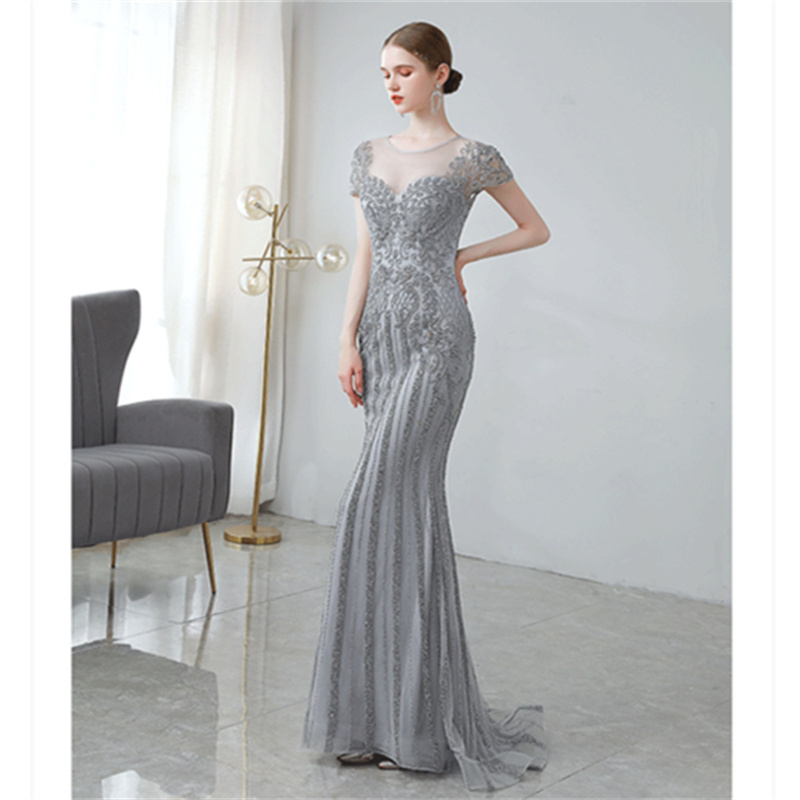 New Banquet Wedding High-end Evening Gowns Slim One-shoulder Long Dress Silver Gray Handmade Beaded Fishtail Dress for Women