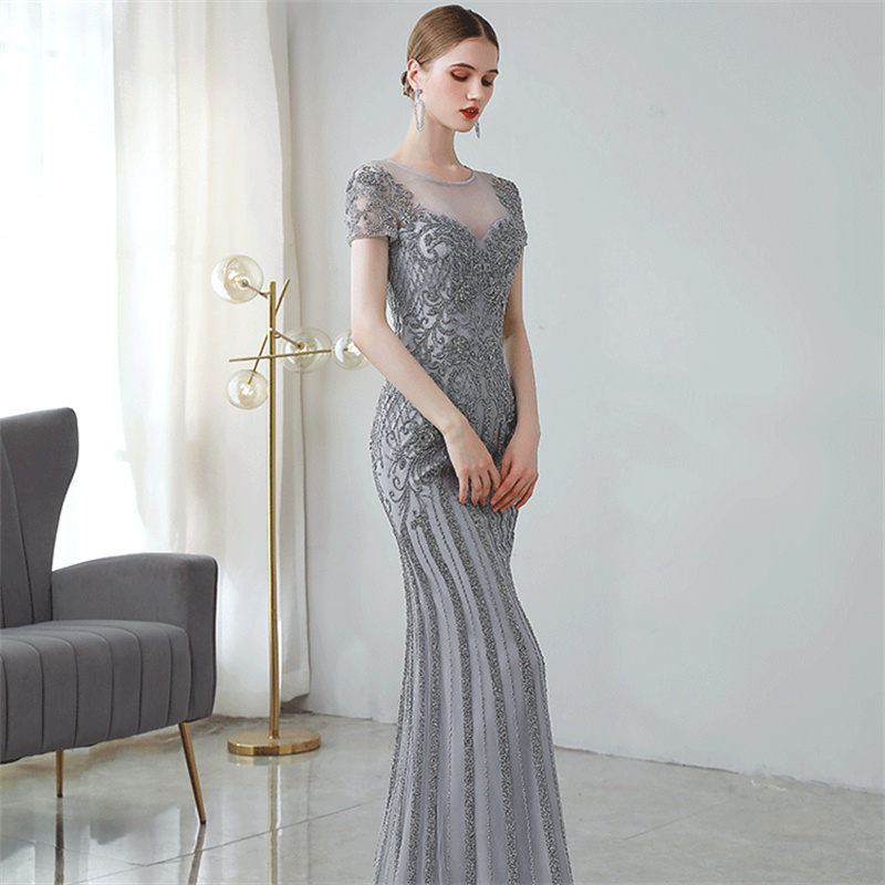 New Banquet Wedding High-end Evening Gowns Slim One-shoulder Long Dress Silver Gray Handmade Beaded Fishtail Dress for Women