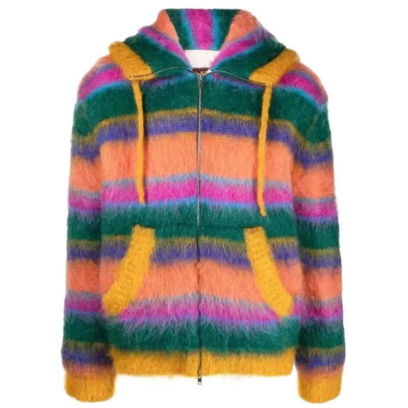 OEM customized men's Mohair sweater fuzzy long sleeve knitwear winter stripe zipper hooded knitting cardigan sweater