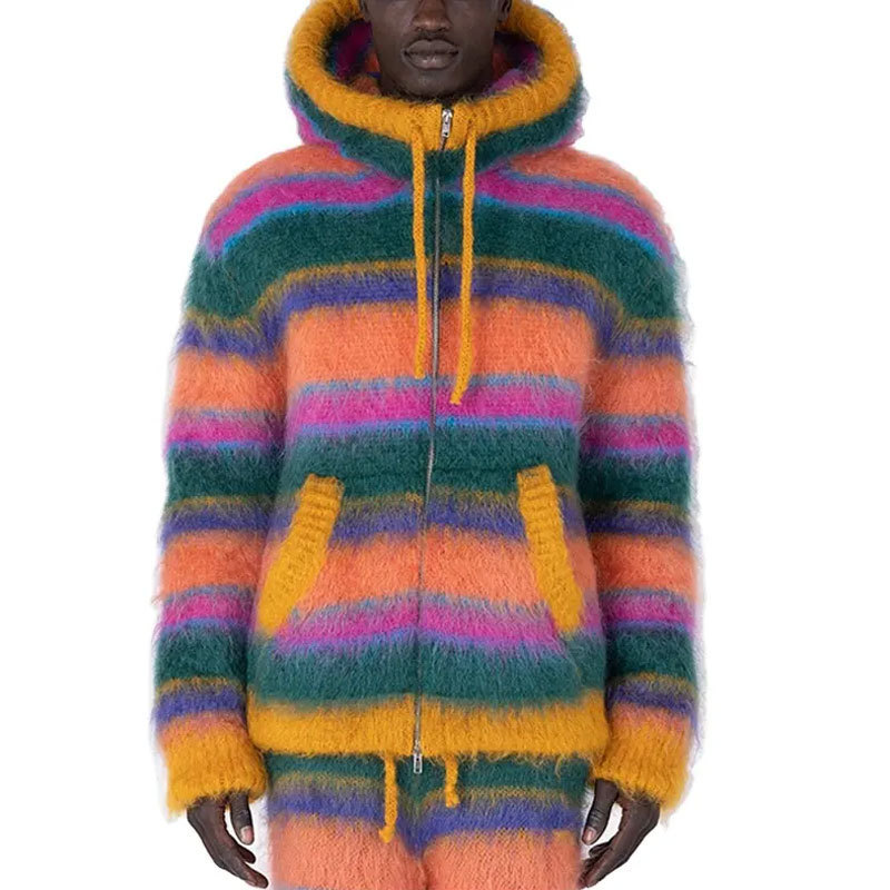 OEM customized men's Mohair sweater fuzzy long sleeve knitwear winter stripe zipper hooded knitting cardigan sweater