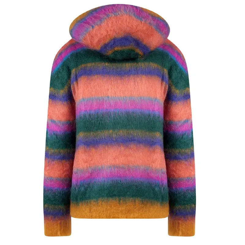 OEM customized men's Mohair sweater fuzzy long sleeve knitwear winter stripe zipper hooded knitting cardigan sweater